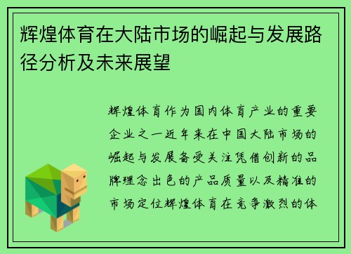 辉煌体育在大陆市场的崛起与发展路径分析及未来展望