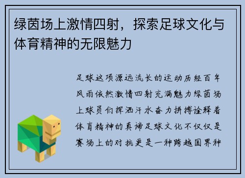 绿茵场上激情四射，探索足球文化与体育精神的无限魅力